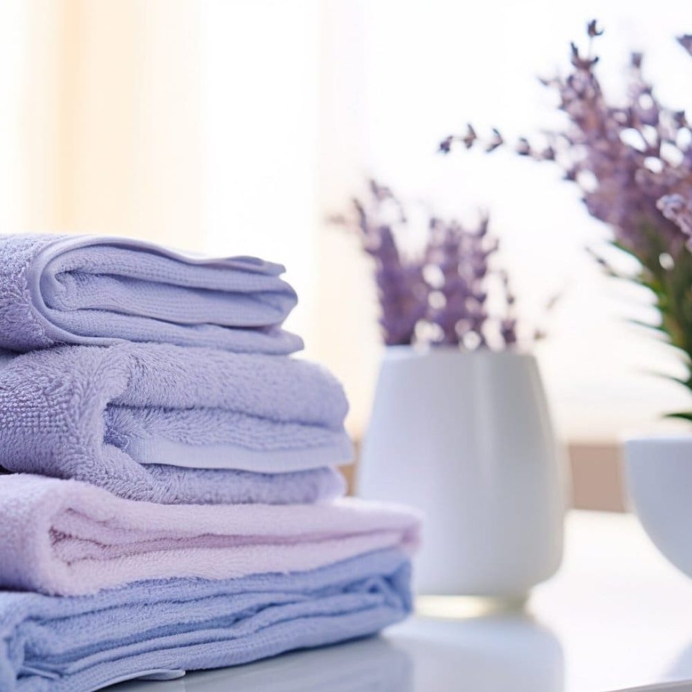 Freshness and relaxation in a clean purple bathroom generated by artificial intelligence